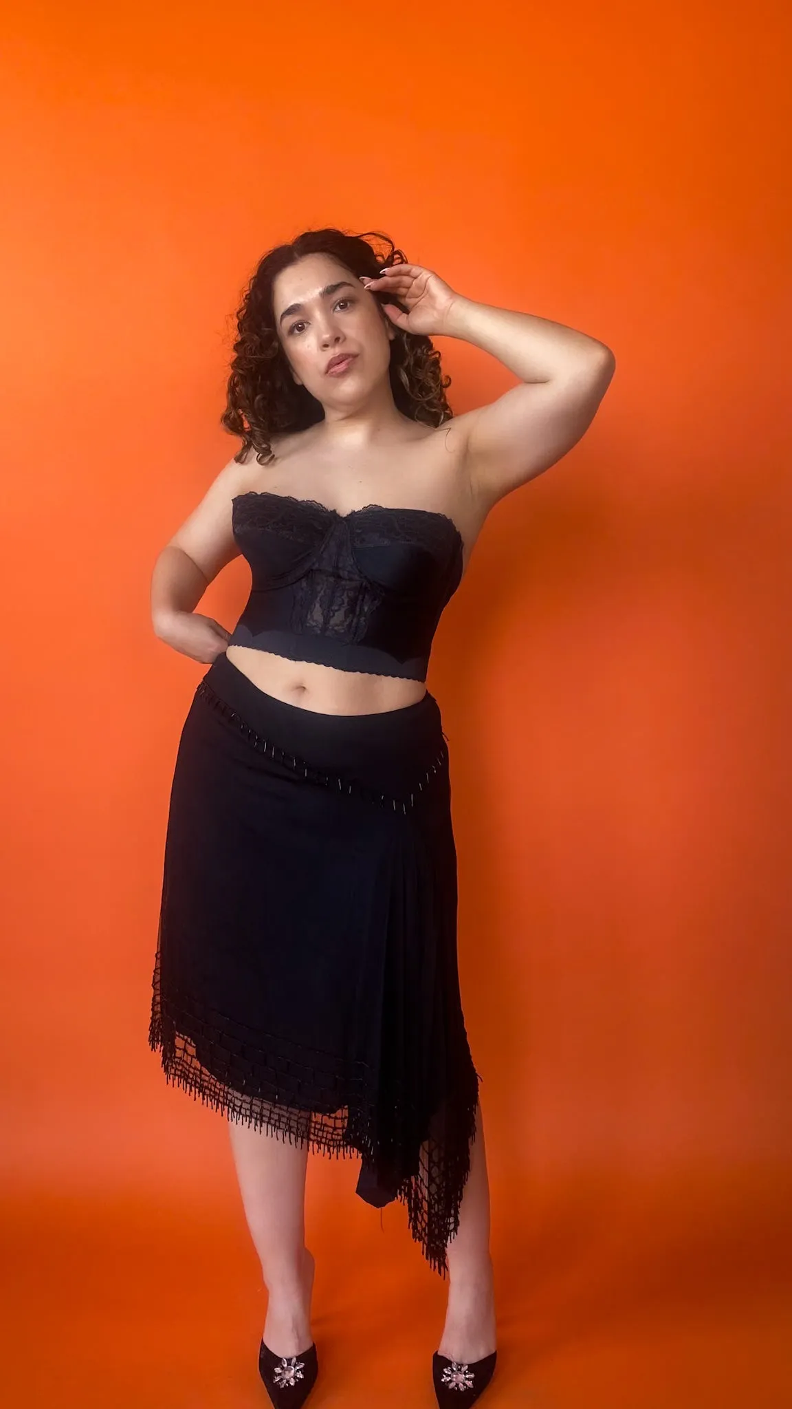 1990s Black Lace Satin Bustier Sz: M