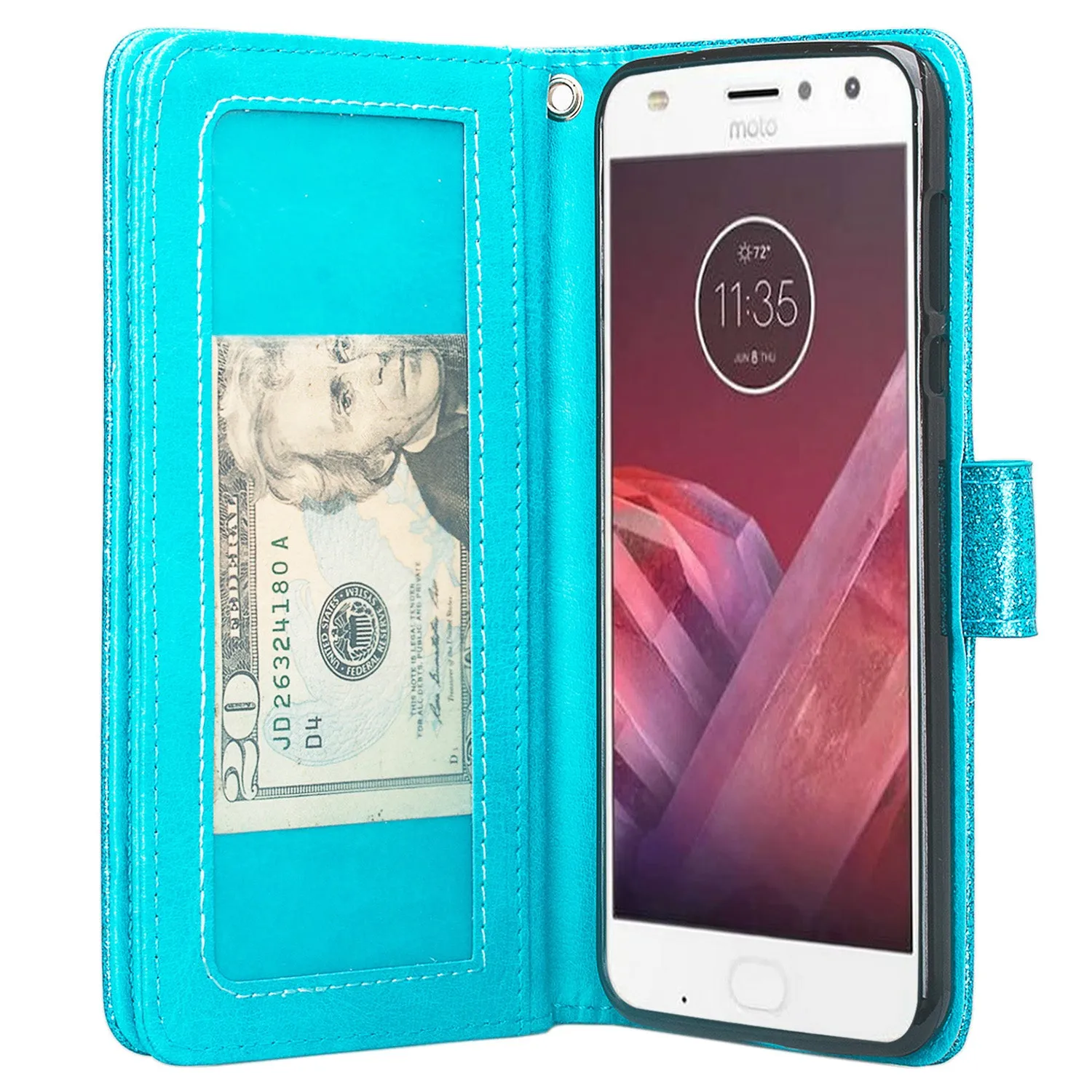 Apple iPhone X, Iphone 10 Case, [Wrist Strap] Glitter Faux Leather Flip [Kickstand Feature] Protective Wallet Case Cover Clutch - Teal