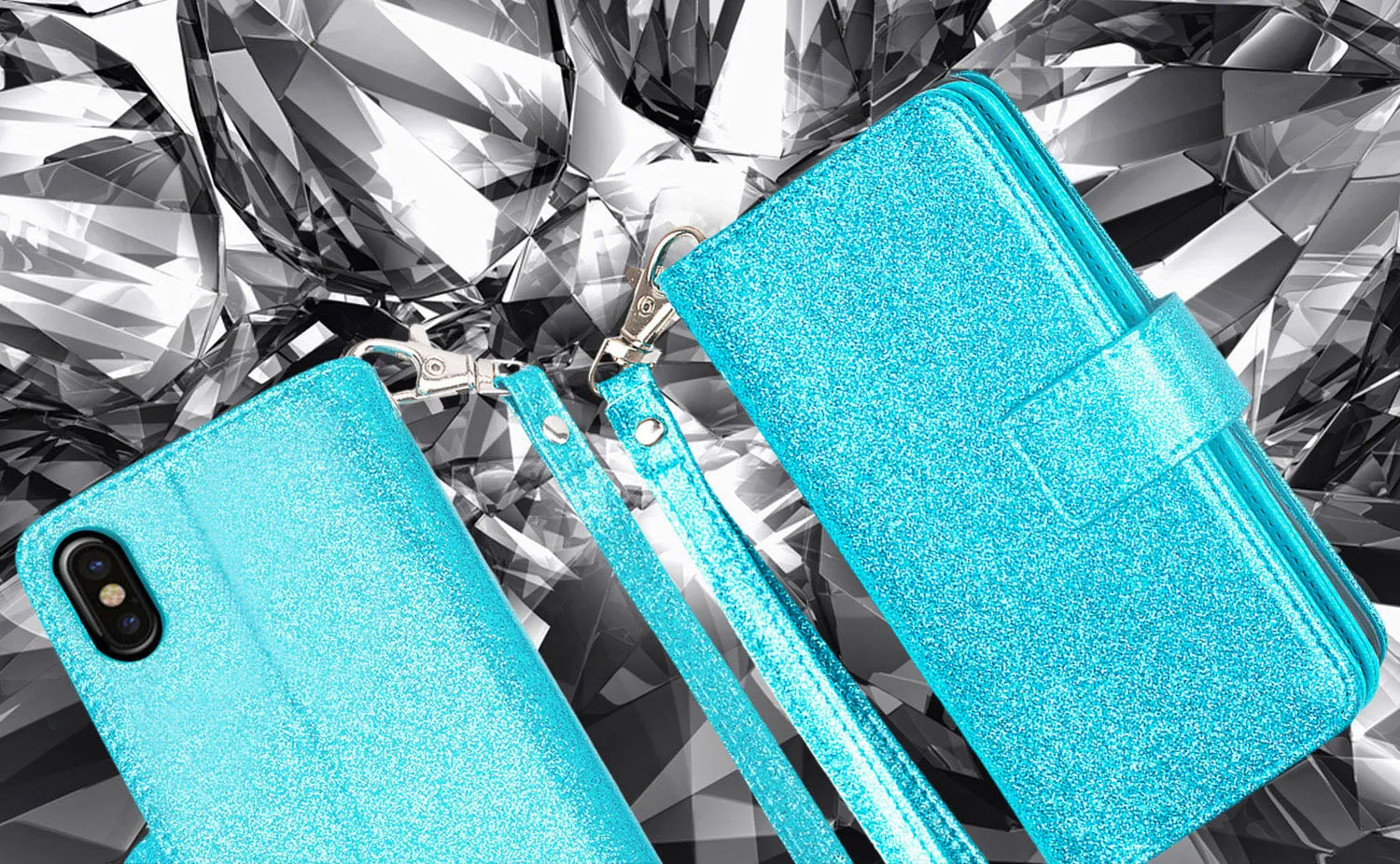 Apple iPhone X, Iphone 10 Case, [Wrist Strap] Glitter Faux Leather Flip [Kickstand Feature] Protective Wallet Case Cover Clutch - Teal