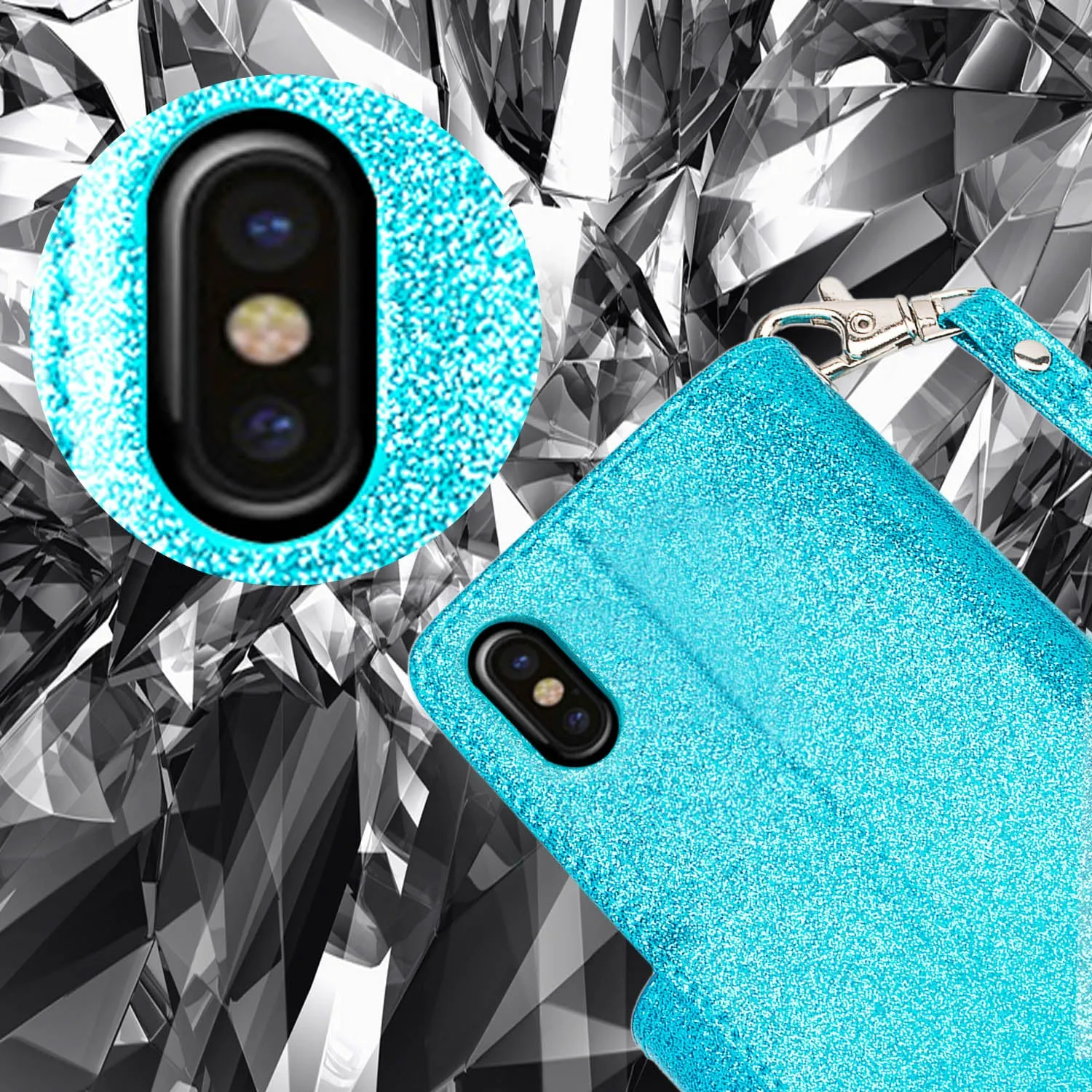 Apple iPhone X, Iphone 10 Case, [Wrist Strap] Glitter Faux Leather Flip [Kickstand Feature] Protective Wallet Case Cover Clutch - Teal