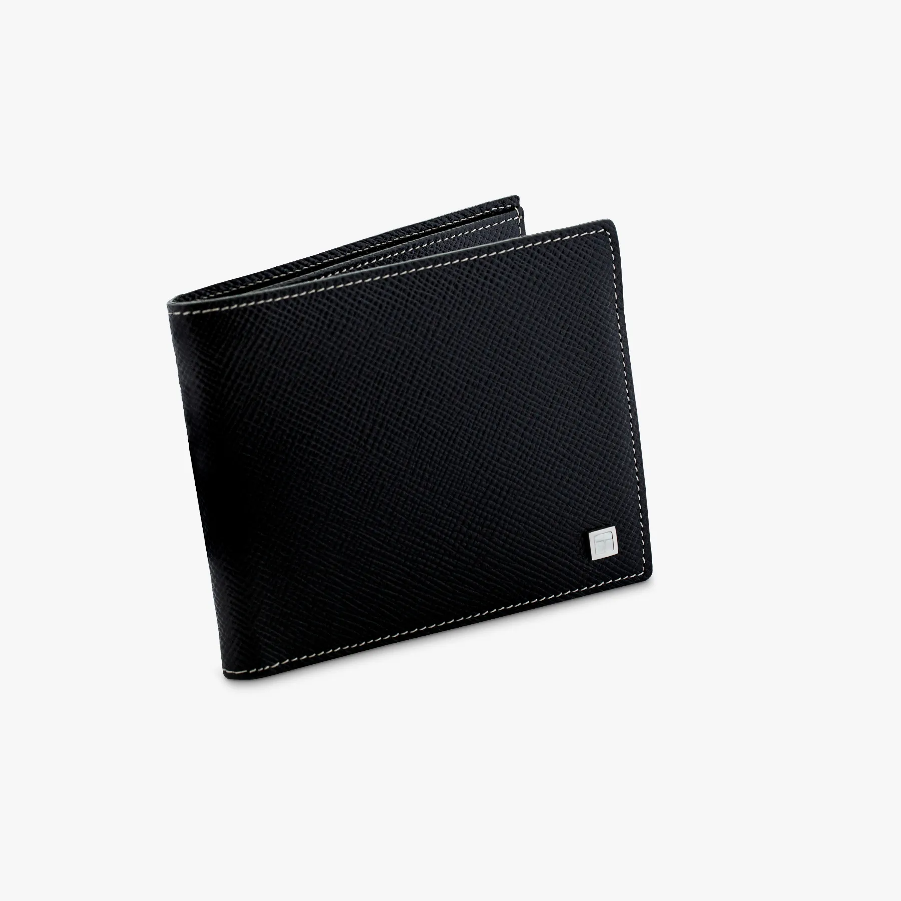 Bifold wallet in black and grey leather with white mother of pearl inlay