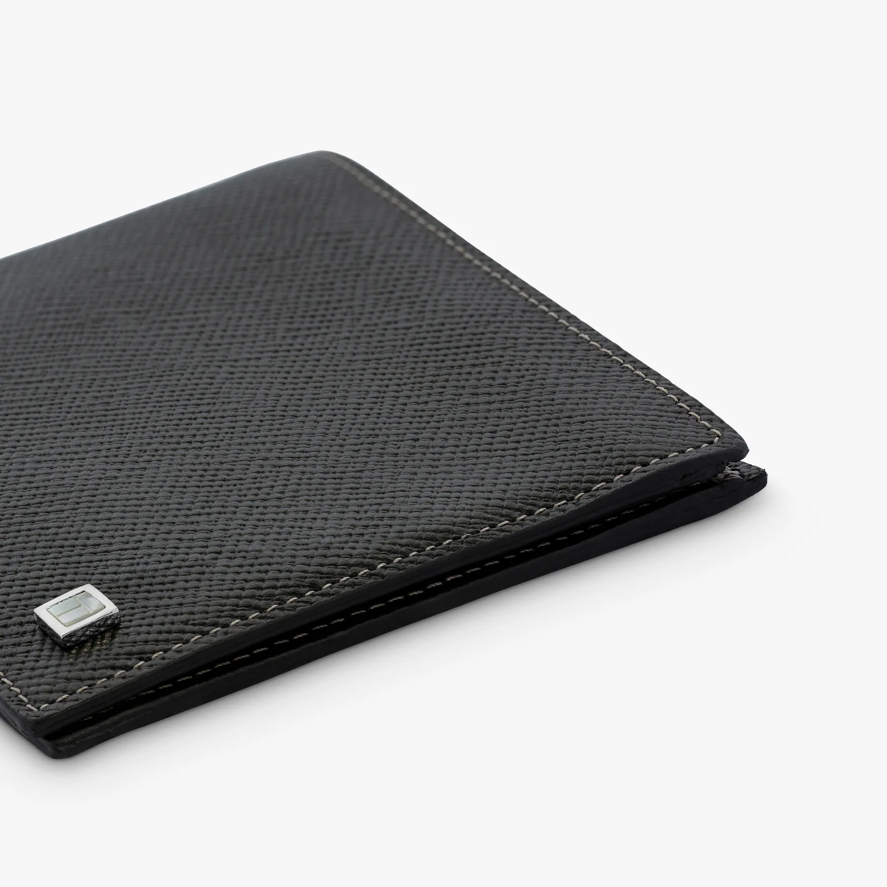 Bifold wallet in black and grey leather with white mother of pearl inlay