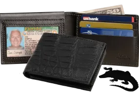 Black Alligator Luxury Designer Exotic Bifold Wallet With Flip Up ID Window
