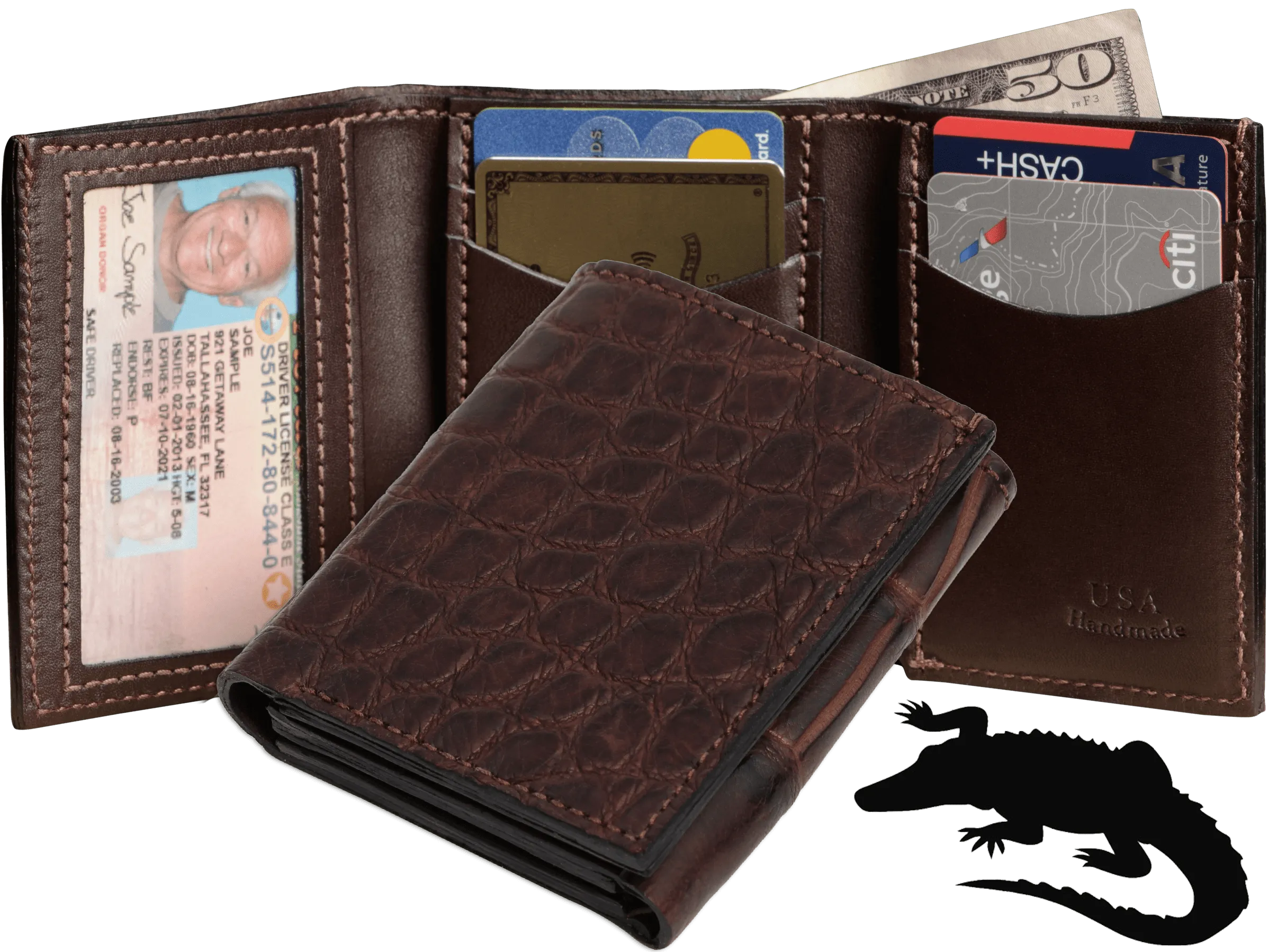 Brown Alligator Luxury Designer Exotic Trifold Wallet With ID Window