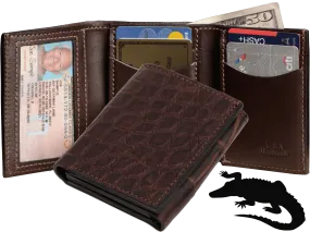 Brown Alligator Luxury Designer Exotic Trifold Wallet With ID Window
