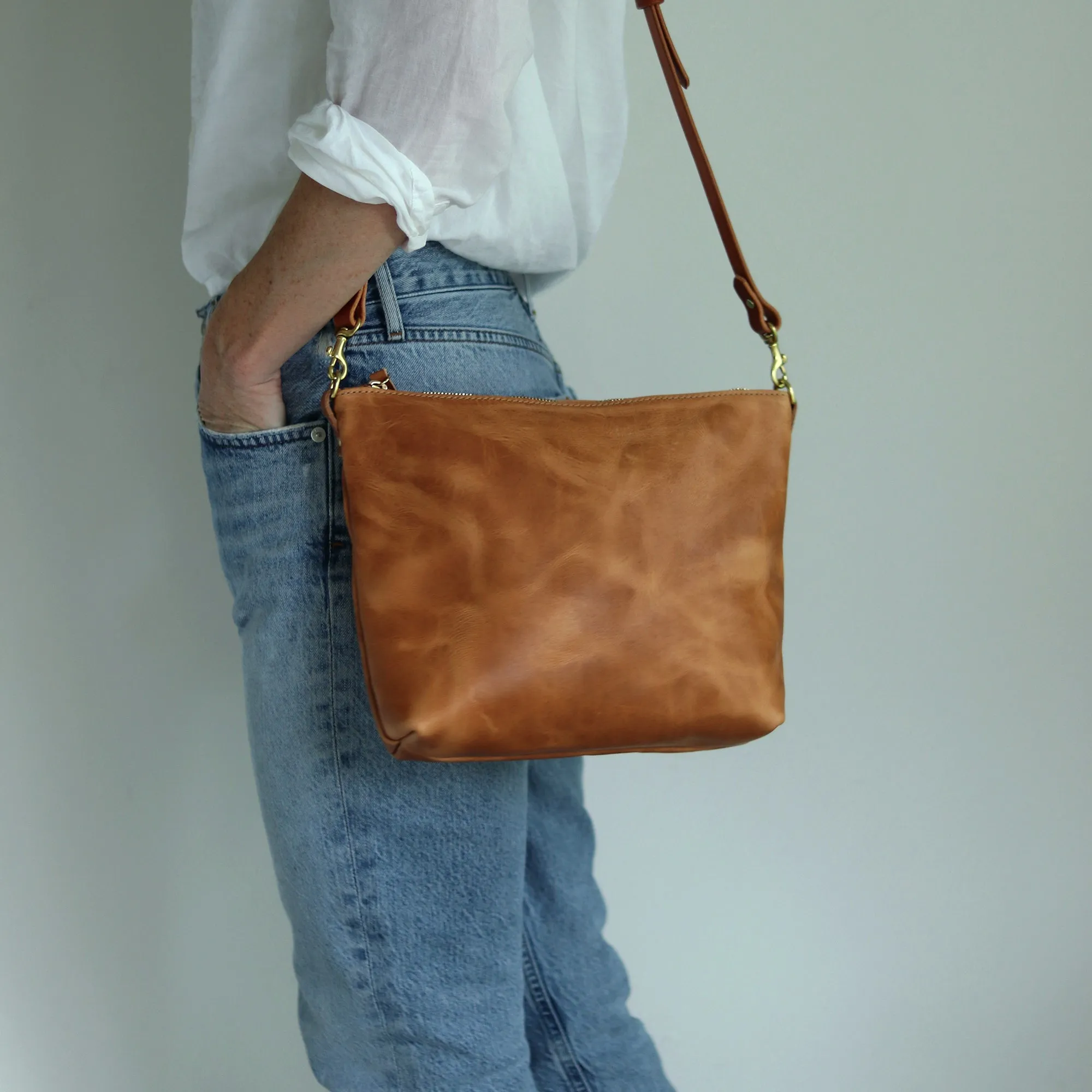 Crossbody Bag with Monogram - Honey Brown Pull Up