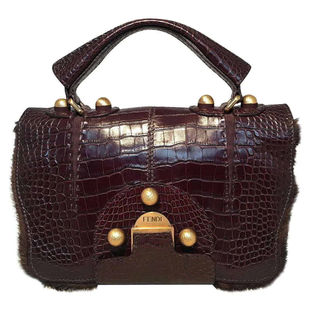 FENDI Rare Limited Edition Brown Alligator and Mink Fur Satchel Handbag