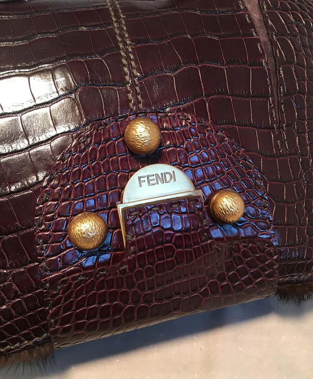 FENDI Rare Limited Edition Brown Alligator and Mink Fur Satchel Handbag