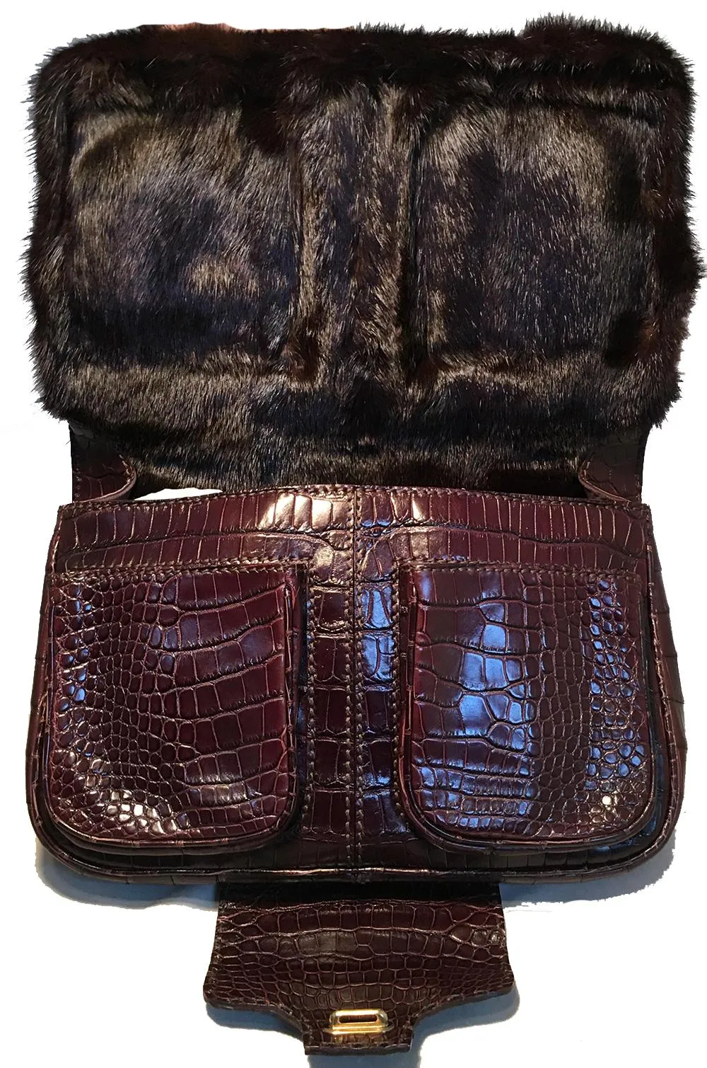 FENDI Rare Limited Edition Brown Alligator and Mink Fur Satchel Handbag