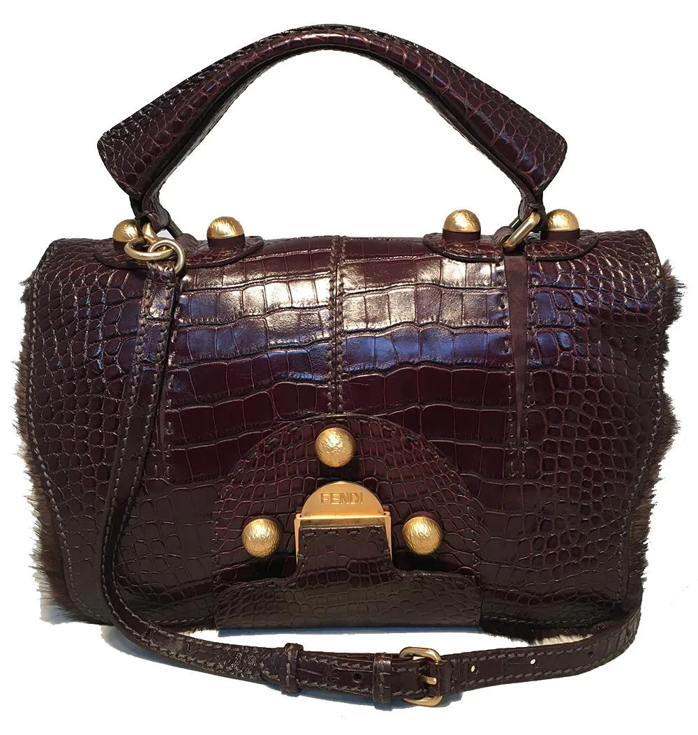 FENDI Rare Limited Edition Brown Alligator and Mink Fur Satchel Handbag