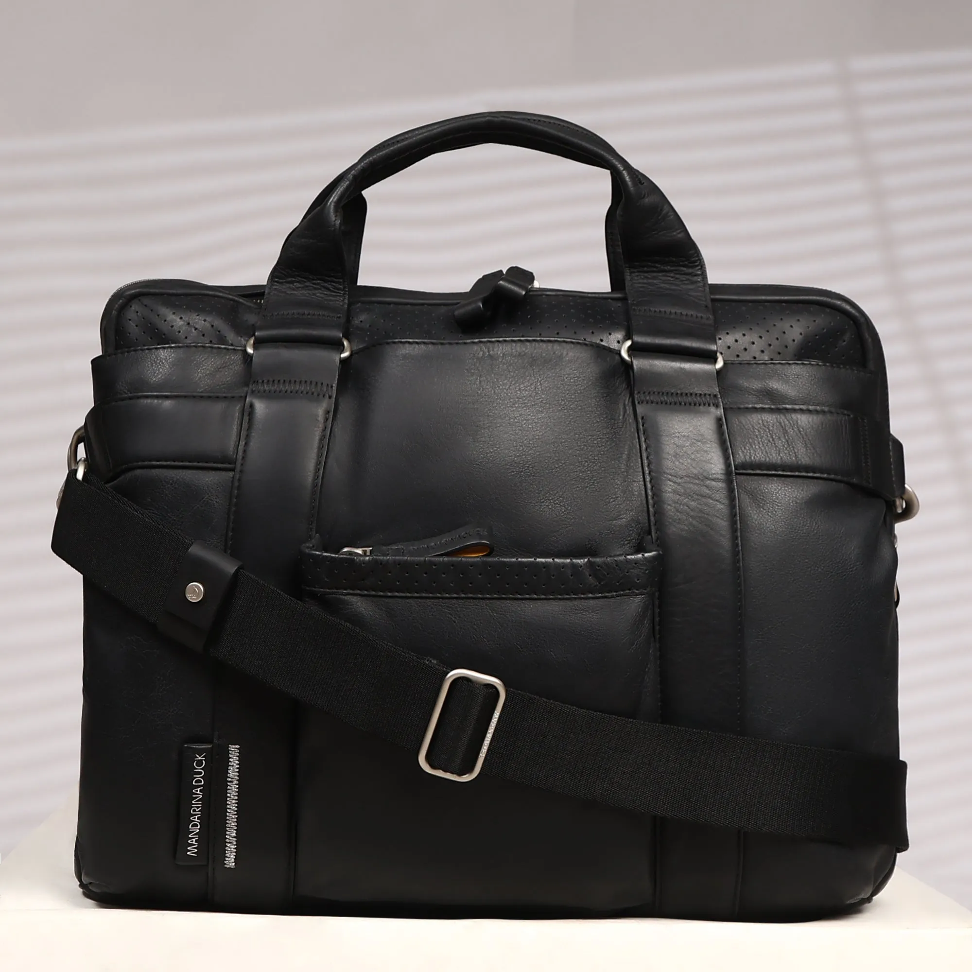Grace Collection Limited Edition Genuine Leather Black Laptop Bag With Strap - Mandarina Duck