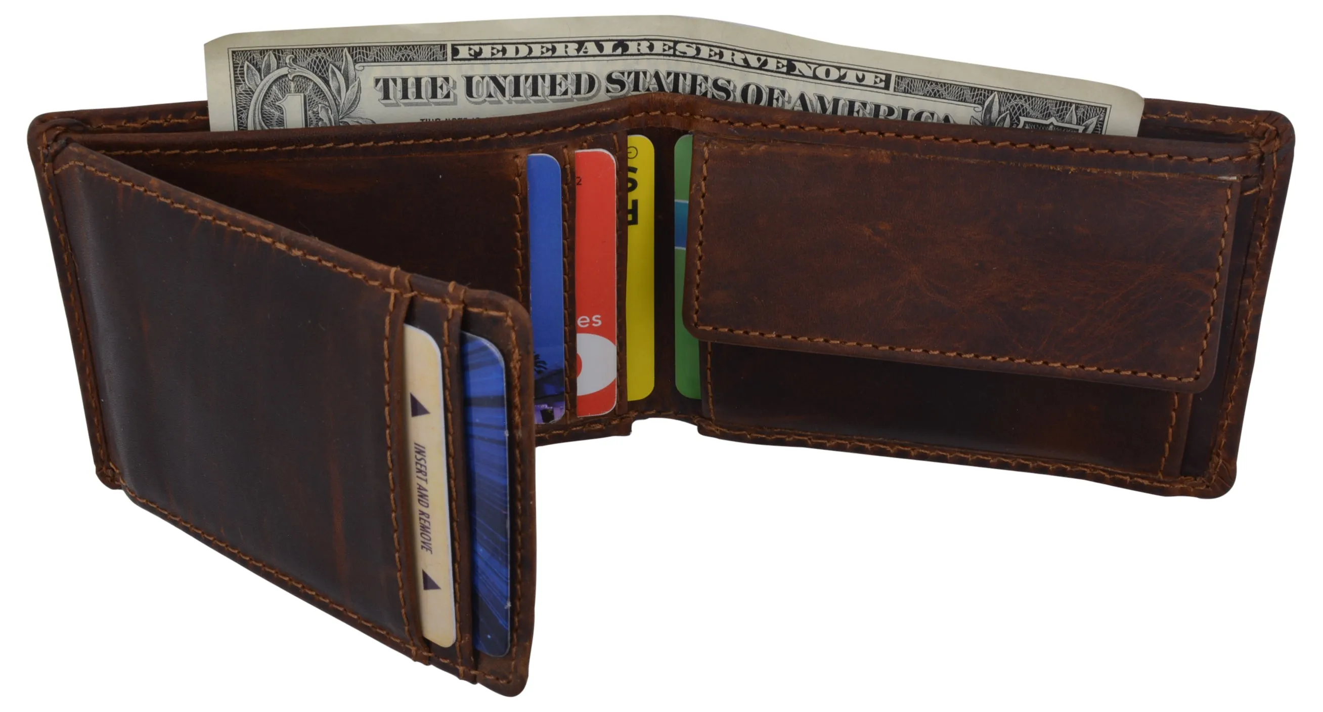 Mens Small Bifold Crazy Horse Leather Slim Card Holder Wallet With Coin Pouch