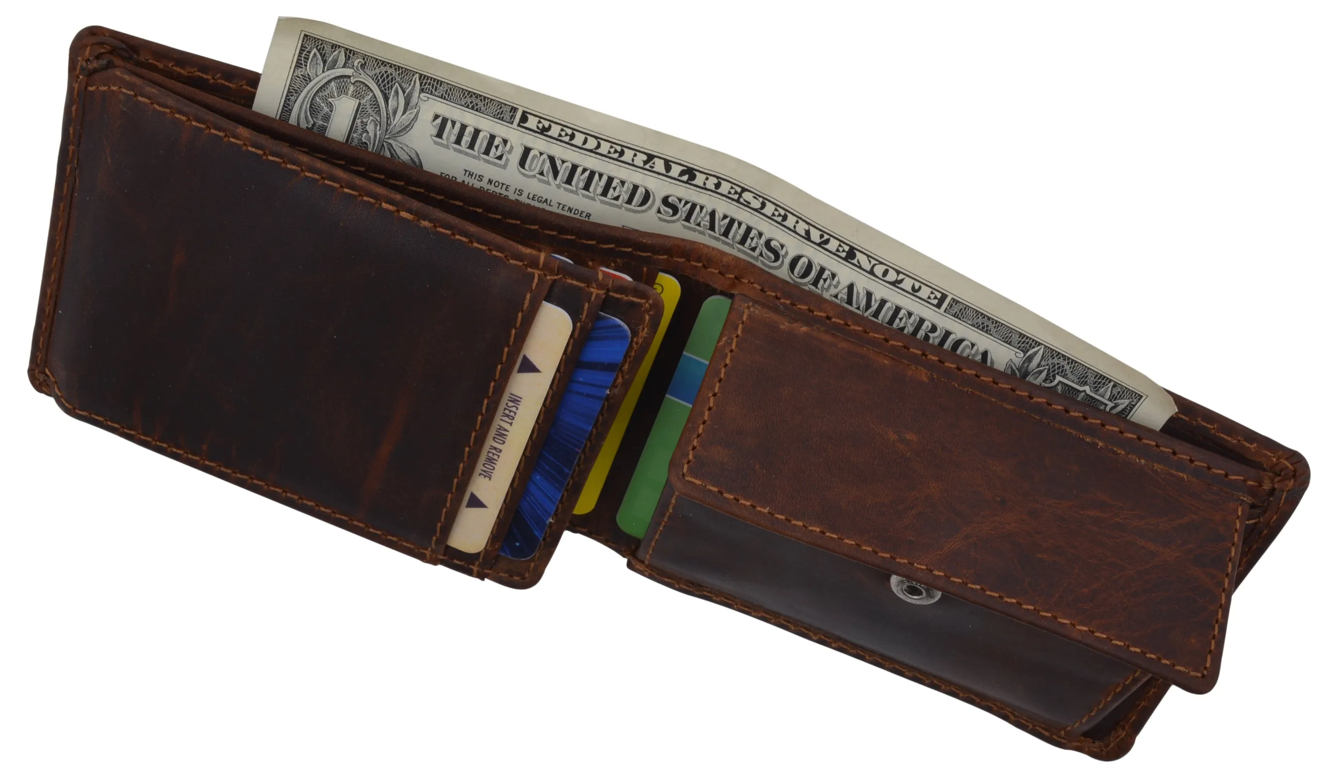 Mens Small Bifold Crazy Horse Leather Slim Card Holder Wallet With Coin Pouch