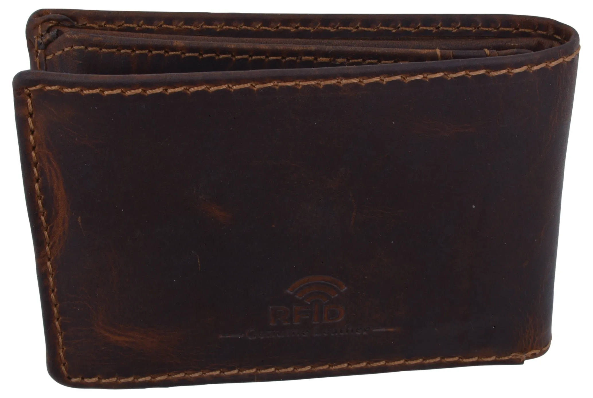 Mens Small Bifold Crazy Horse Leather Slim Card Holder Wallet With Coin Pouch