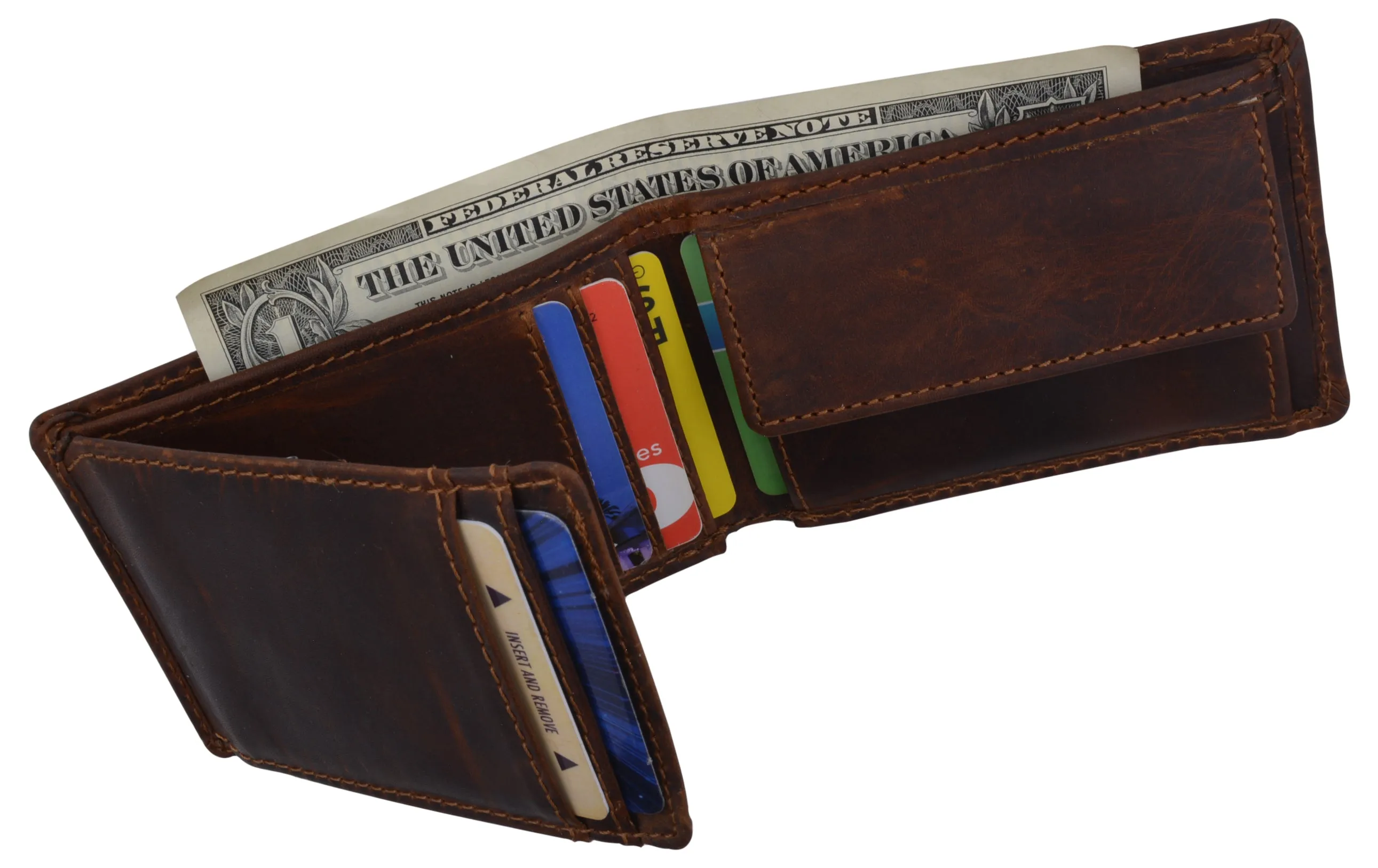 Mens Small Bifold Crazy Horse Leather Slim Card Holder Wallet With Coin Pouch