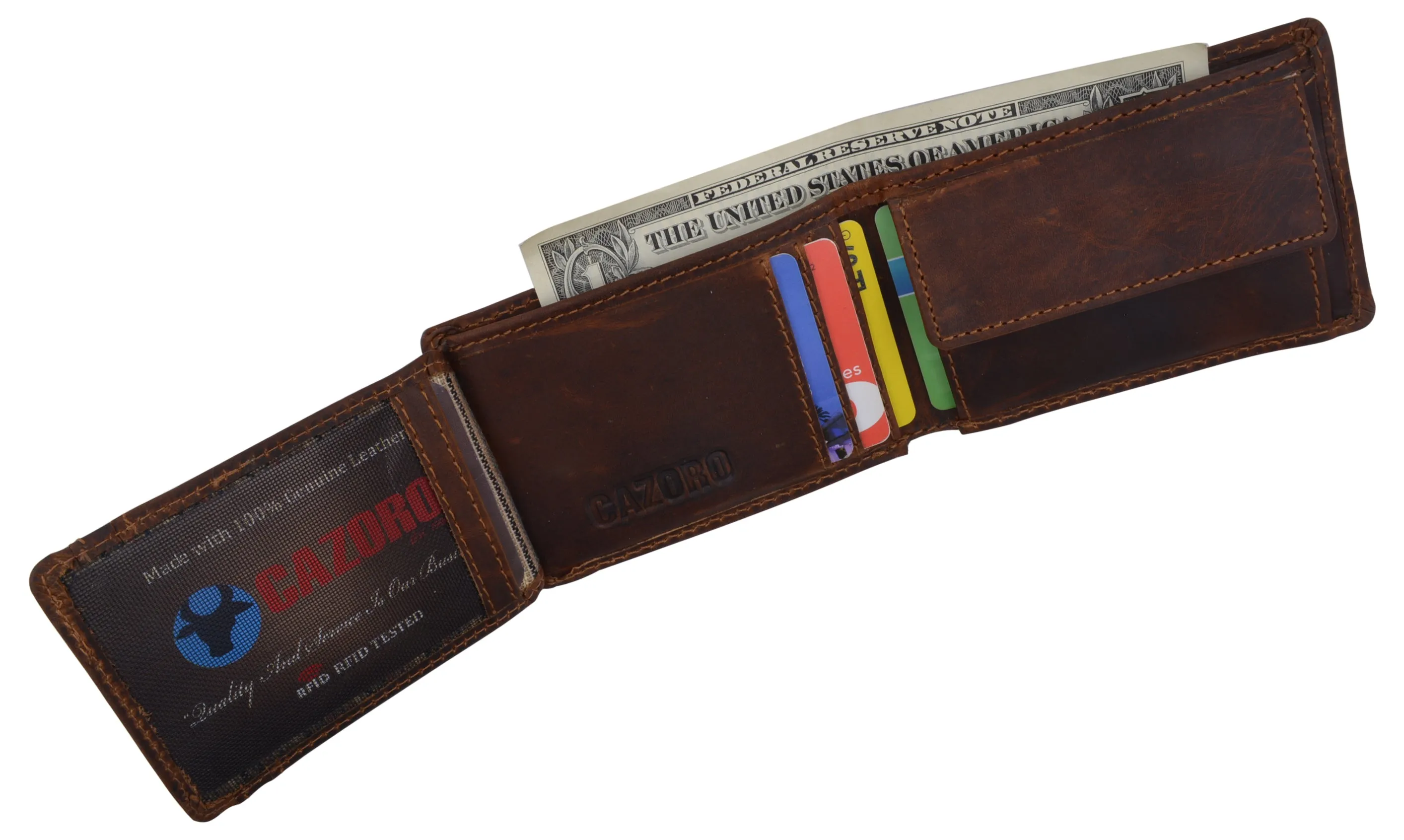 Mens Small Bifold Crazy Horse Leather Slim Card Holder Wallet With Coin Pouch