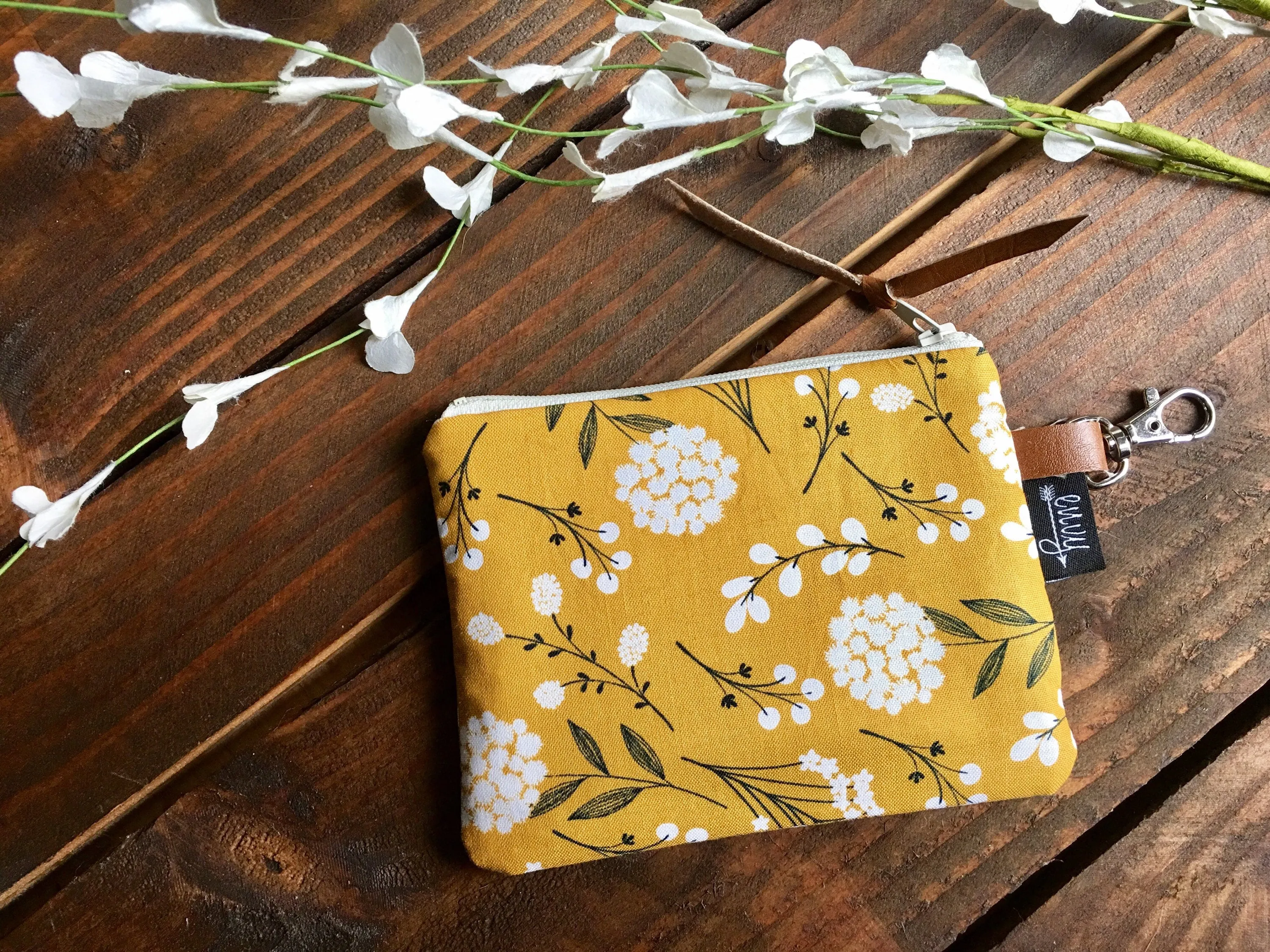 SALE - Pom Floral in Mustard with Vegan Leather and Key Clip - Zippered Clutch /  Coin Pouch / Change Purse
