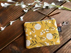 SALE - Pom Floral in Mustard with Vegan Leather and Key Clip - Zippered Clutch /  Coin Pouch / Change Purse