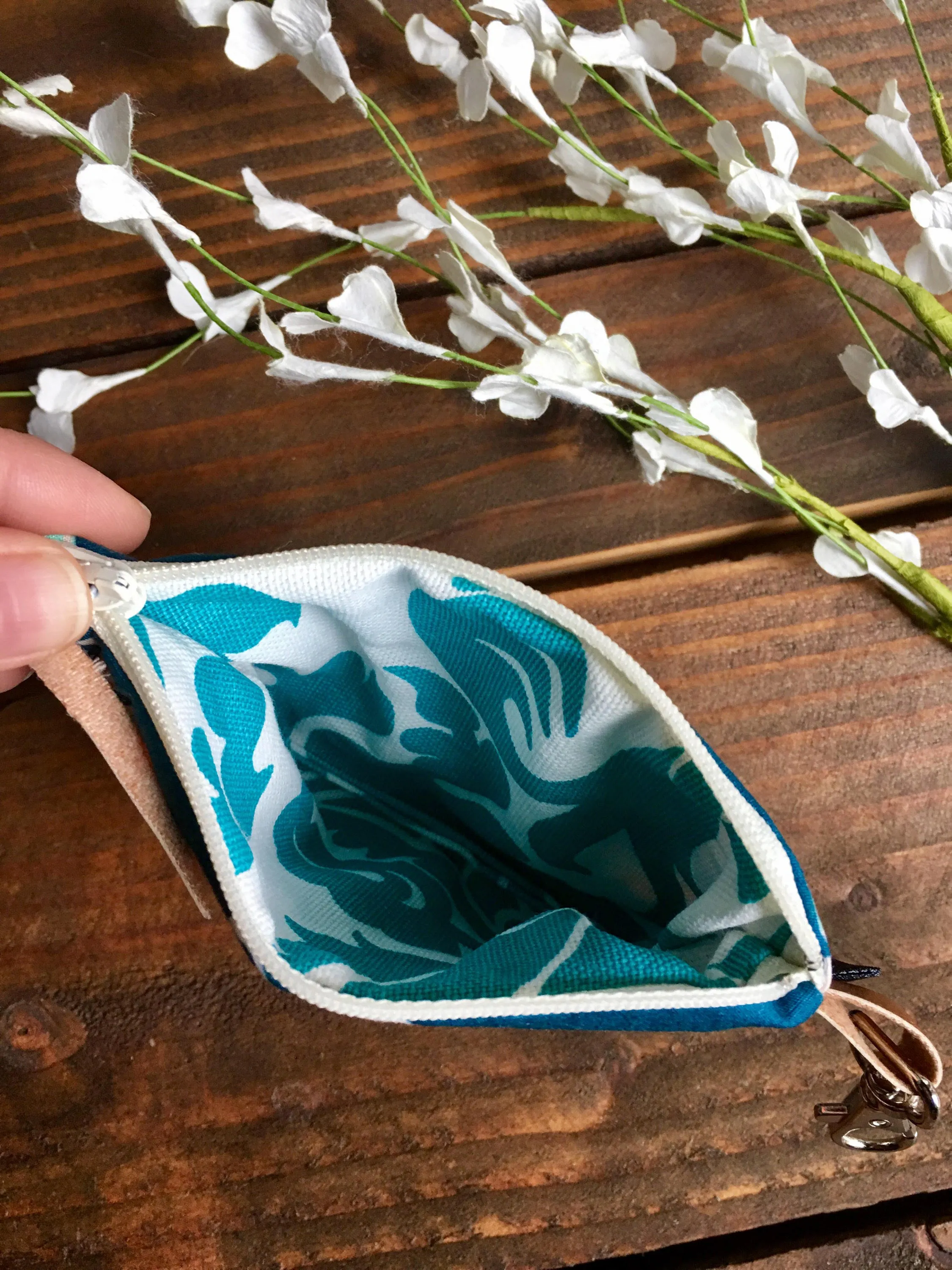 SALE - Teal Boho Floral with Vegan Leather and Key Clip - Zippered Clutch /  Coin Pouch / Change Purse