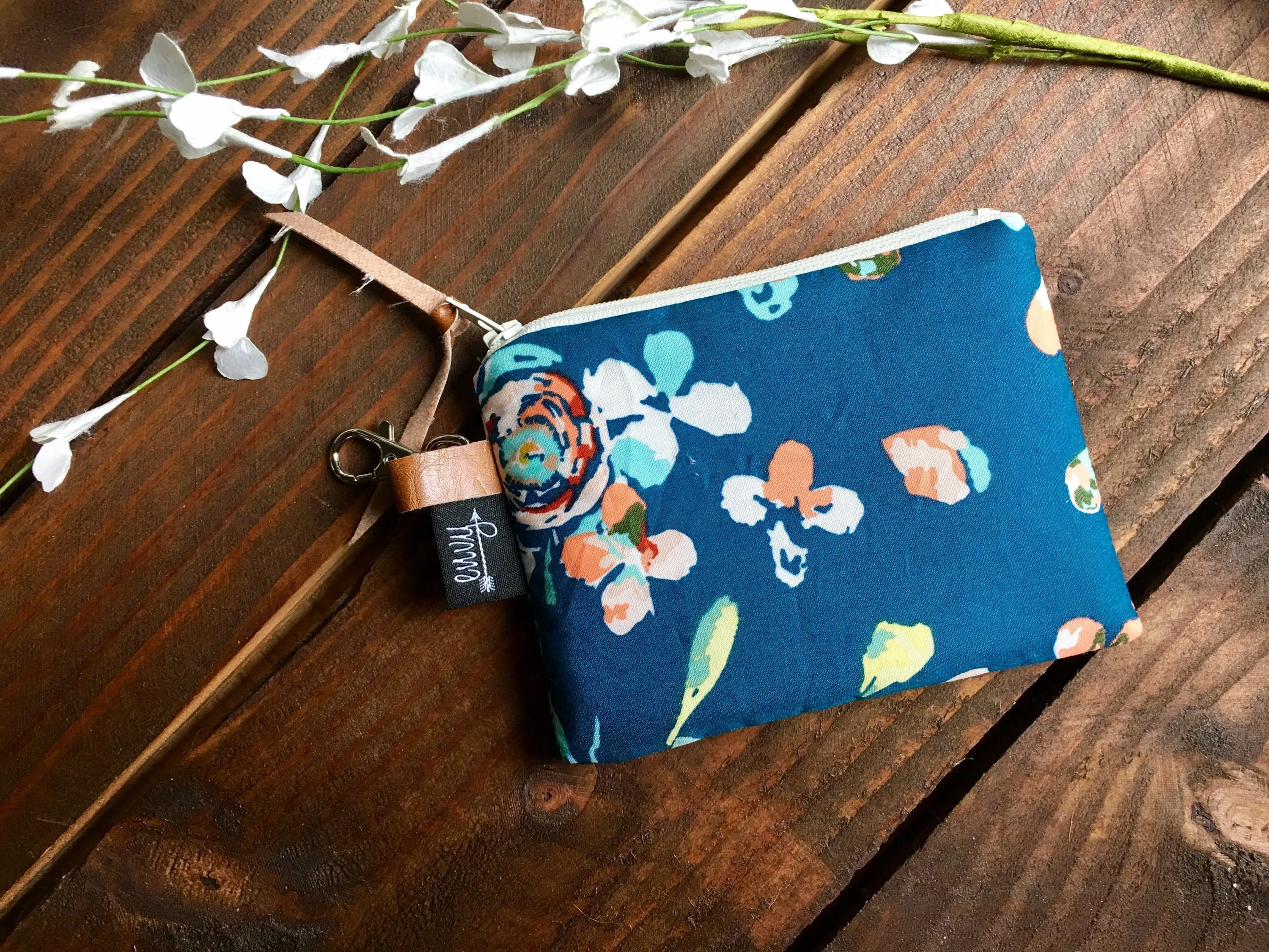 SALE - Teal Boho Floral with Vegan Leather and Key Clip - Zippered Clutch /  Coin Pouch / Change Purse