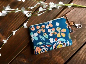 SALE - Teal Boho Floral with Vegan Leather and Key Clip - Zippered Clutch /  Coin Pouch / Change Purse