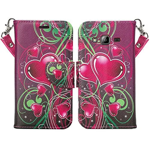 Samsung Galaxy J3 Case, J3V Case | Galaxy Express Prime Case | Galaxy Sky Case | Amp Prime Case | Galaxy Sol Wrist Strap Pu Leather Magnetic Fold Wallet Case with ID & Card Slots - Heart Sensation