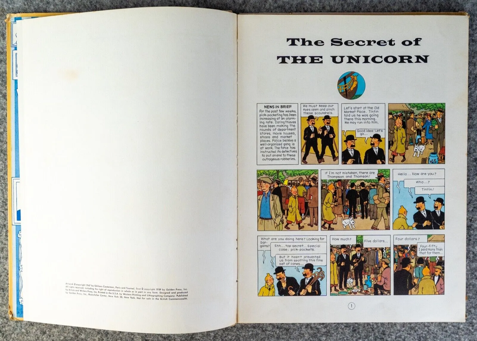 SECRET OF THE UNICORN Golden Press 1959 1st USA Edition Hardback Tintin book by Herge